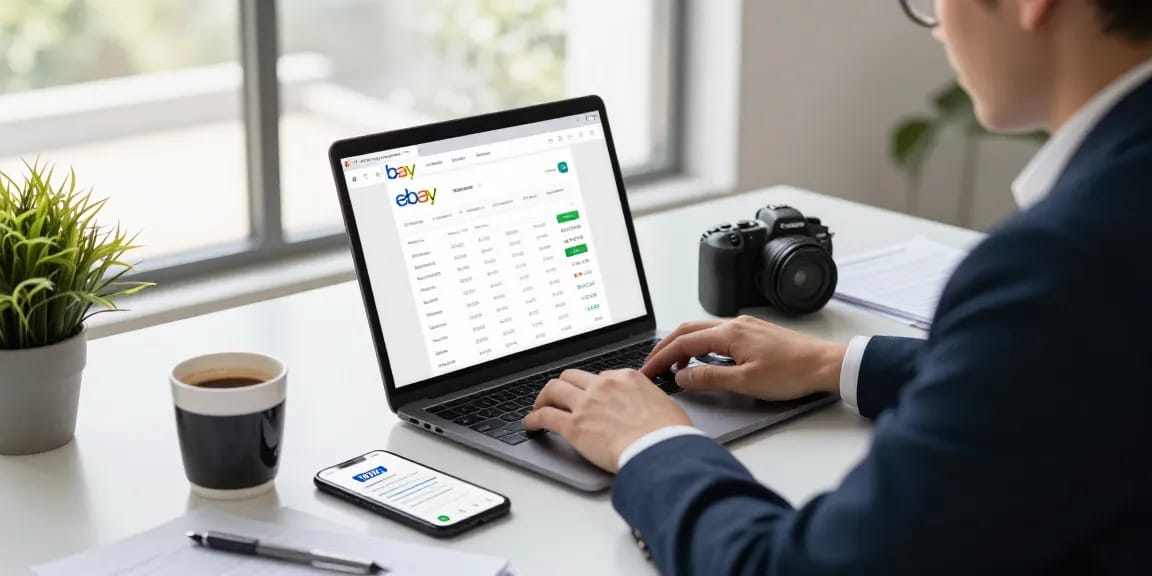 Individual analyzing a company eBay account, laptop displaying sales data, focused business environment.