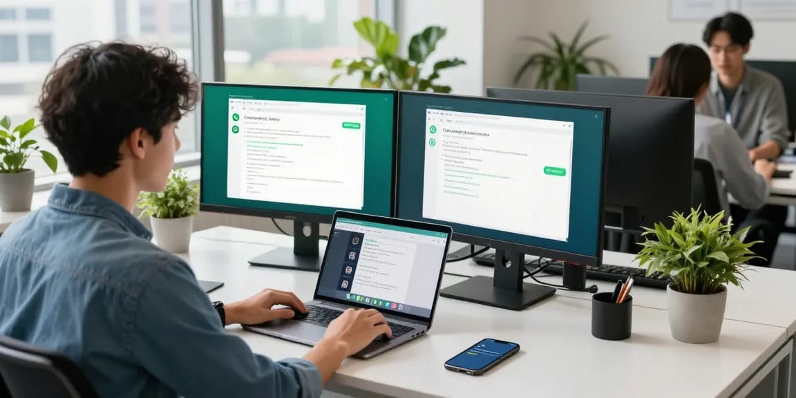 Dynamic workspace with WhatsApp Web on screens, showcasing communication tools.