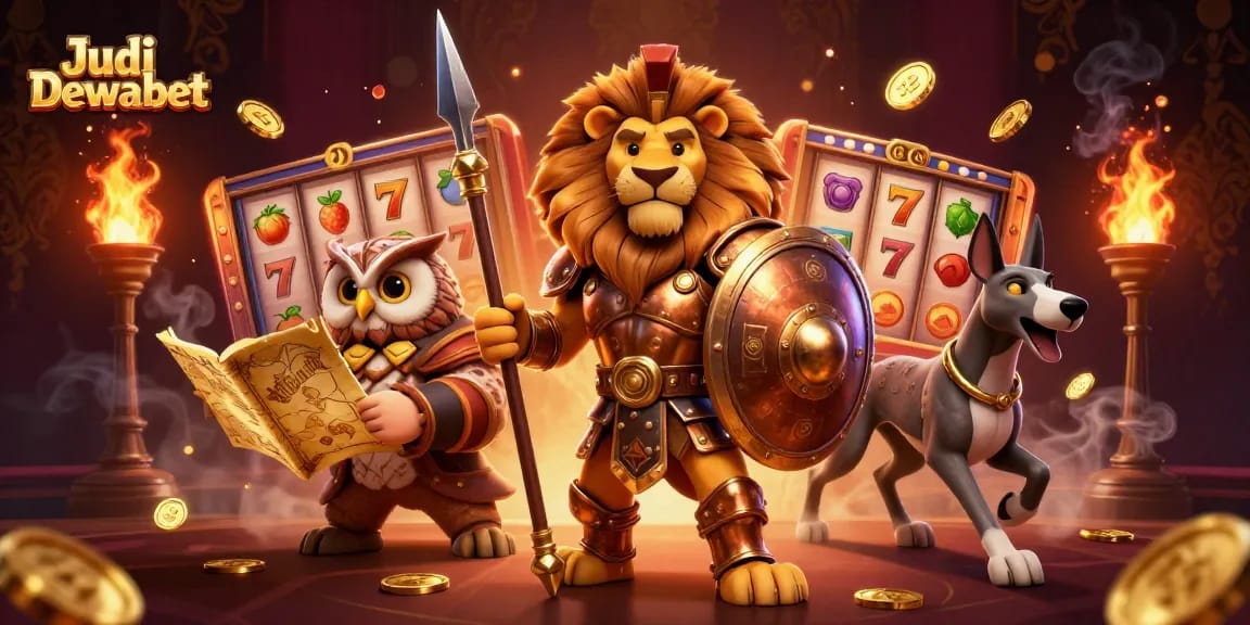 Join the thrilling action of Judi Dewabet with a heroic Spartan lion and dynamic casino elements.