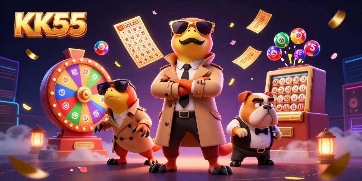 Enter the VIP lounge at KK55 with raptors in disguise, vibrant lottery and casino elements surrounding.