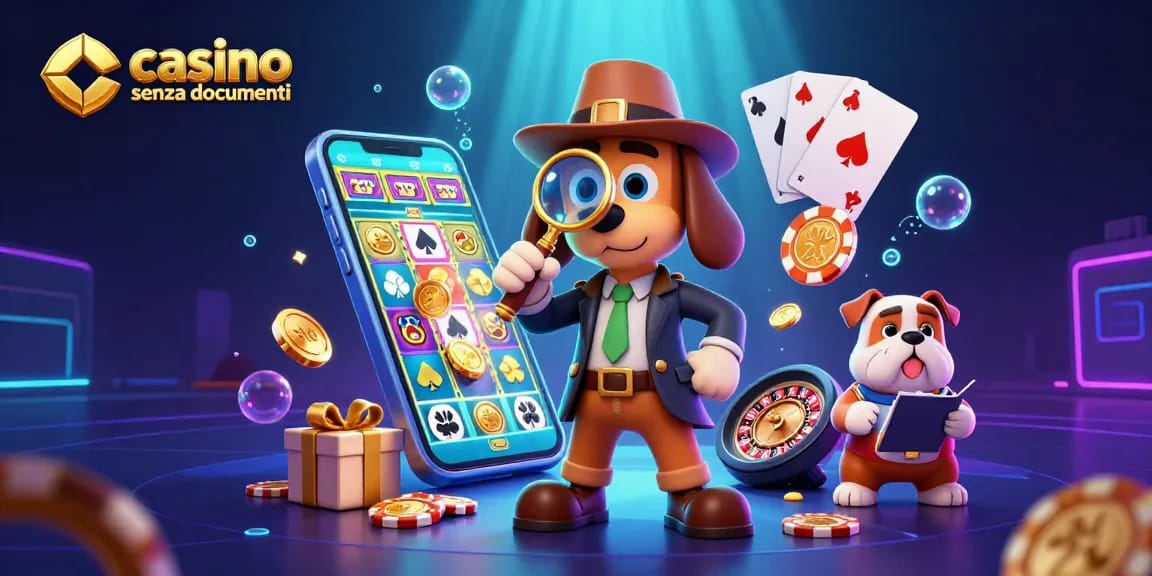 Partecipa all'azione dei casino senza documenti con un detective e un bulldog che esplorano indizi tra elementi di gioco vivaci.