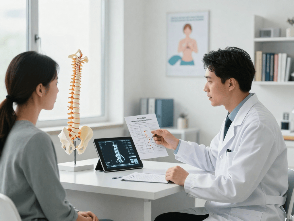 Discussing bel kayması ameliyatı options during a medical consultation with a surgeon.