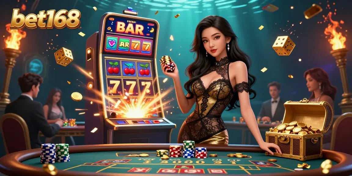 Experience the excitement of bet168 with a glamorous scene at a high-stakes baccarat table, featuring lavish visuals.