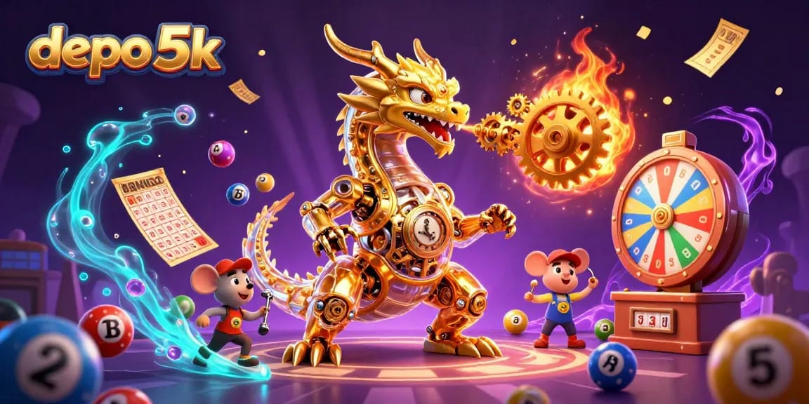 Experience excitement at depo 5k with dynamic lottery elements and golden prizes in a vibrant casino scene.
