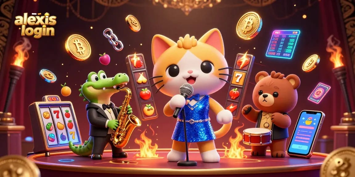 Experience the excitement with alexis 500 login, featuring a jazzy cat, crocodile, and bear amidst casino dynamics.