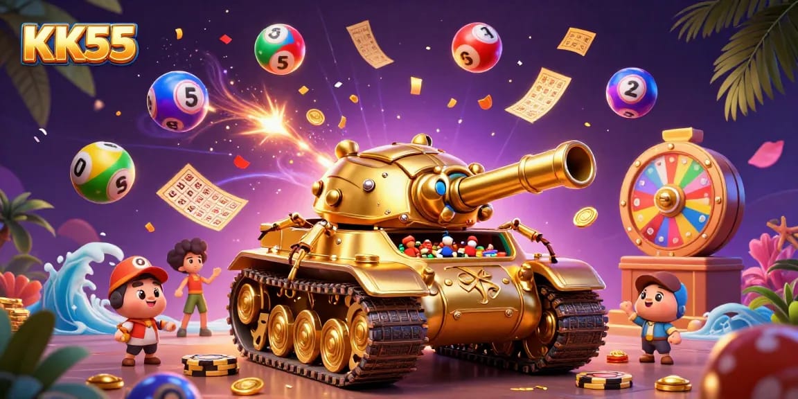Engage with KK55's vibrant casino experience featuring a golden beetle tank and dynamic lottery elements.