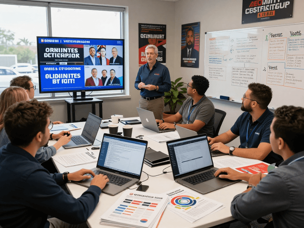 Political CTV advertising in action as a diverse team analyzes voter data and strategies in a campaign office.