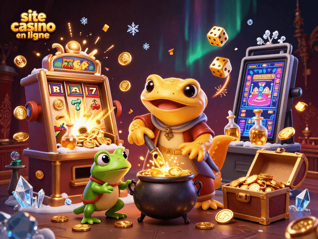 site casino en ligne illustrant un alchimiste doré et ses créatures autour de machines à sous vibrantes.