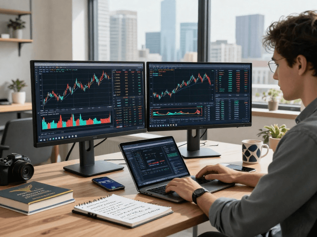 Dynamic TradingView analysis scene in modern home office with trading charts, alerts, and inspirational materials.
