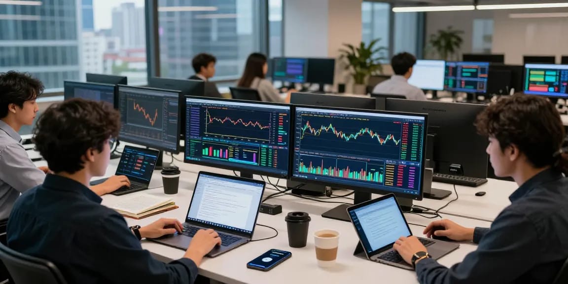 Cricbet99 users engaging in crypto trading and DeFi analysis in a modern co-working space