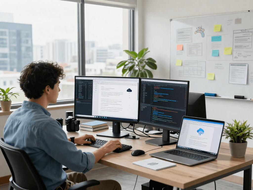 Especialista en web hosting en México trabajando en oficina moderna con pantallas y análisis de servidores.