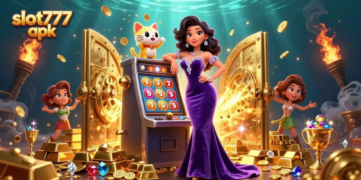 Spin the reels with slot777 apk amidst jewels and jackpot winnings in this vibrant 3D casino scene.