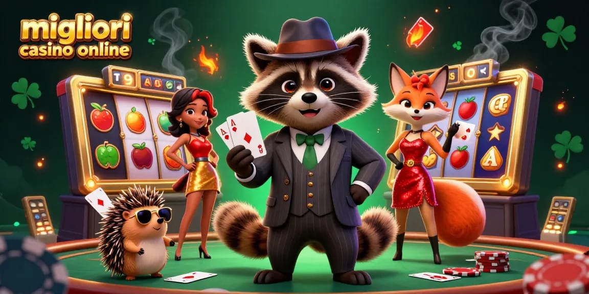 Vivi l'emozione nei migliori casino online con un procione che tiene un poker reale tra elementi dinamici delle slot.