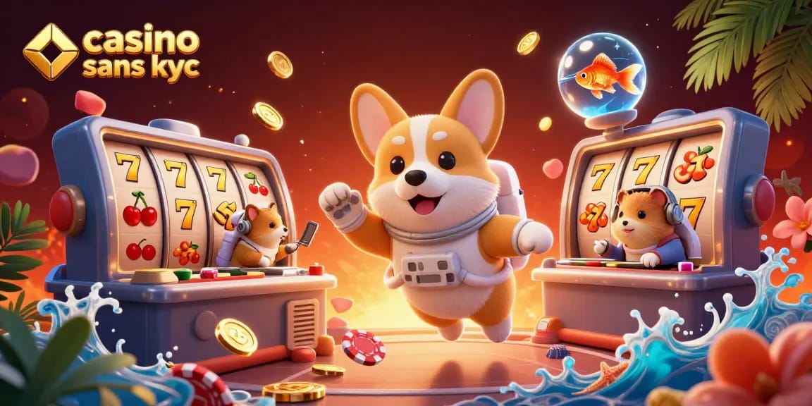 Jouez dans un casino sans KYC avec des personnages de jeu flottants et des éléments de casino dynamiques.