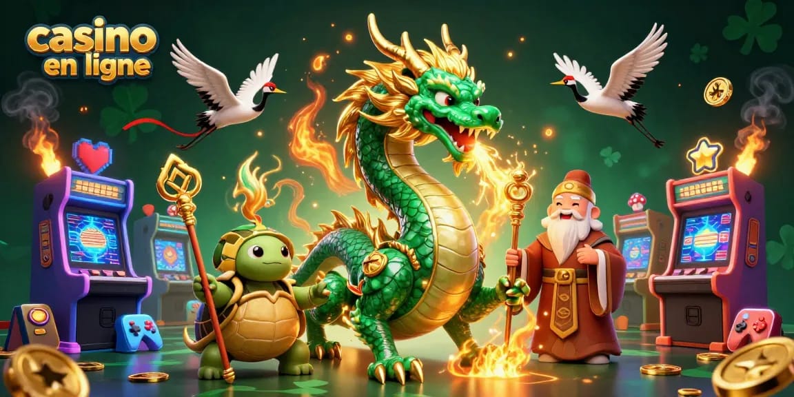 Vivez des aventures palpitantes au casino en ligne avec un dragon en jade, un sage tortue avisé et des grues porte-bonheur dans une scène vibrante.