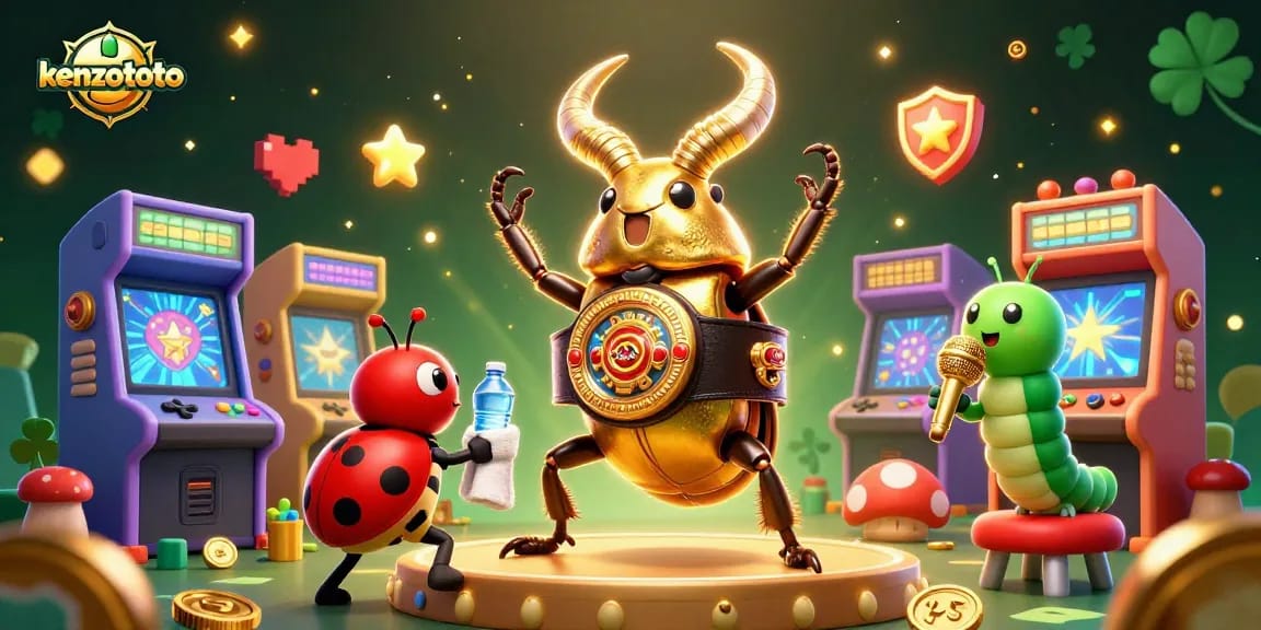 Kenzototo brings thrilling lottery excitement with a golden stag beetle boxing champion, colorful gaming elements, and vibrant energy.