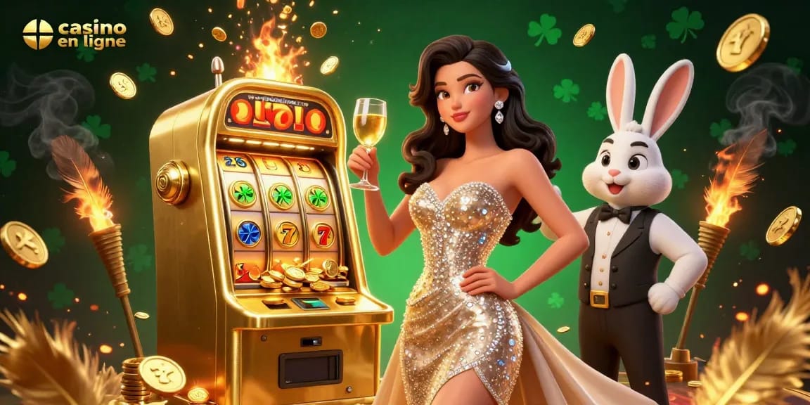 Découvrez un gameplay palpitant dans un casino en ligne vibrant avec une femme éblouissante célébrant à côté d'une machine à sous jackpot.