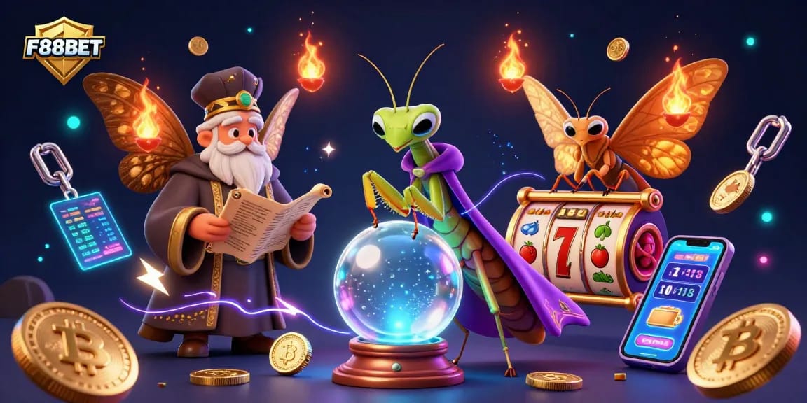 Spin the reels at F88BET with a vibrant 3D illustration showcasing a mystical gambling scene filled with energy.