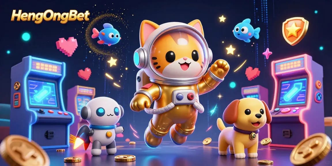 Experience thrilling gaming with HengOngBet, featuring a dynamic scene of an astronaut cat and robot dog amidst colorful gaming elements.