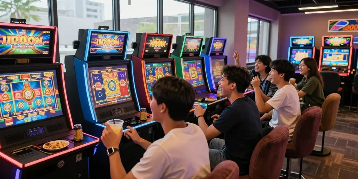 Players enjoying their time at a slot depo 1000 gaming lounge, with vibrant slot machines and a lively atmosphere.