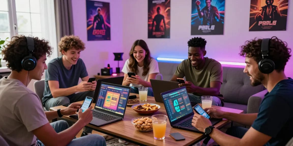 Group of friends enjoying online gaming at Situs Resmi Dominobet in a cozy setting.