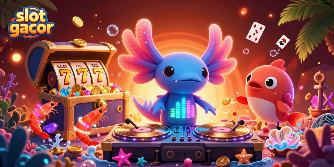 Join the fun in slot gacor with a vibrant axolotl DJ spinning at an underwater casino party!