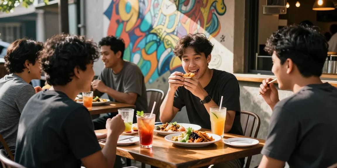 Sociable group at outdoor café sharing rokok 88, vibrant atmosphere with colorful drinks and street art backdrop.