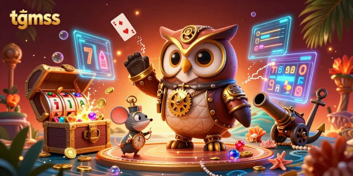 Experience thrilling gameplay at tgmss with a vibrant casino scene featuring a time-traveling owl, emphasizing excitement and luck.