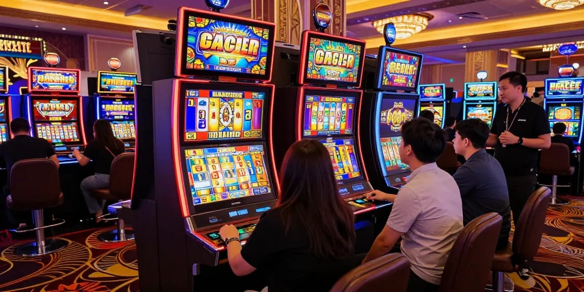 Slot gacor yang menarik dengan pemain di mesin slot dan suasana kasino yang meriah.