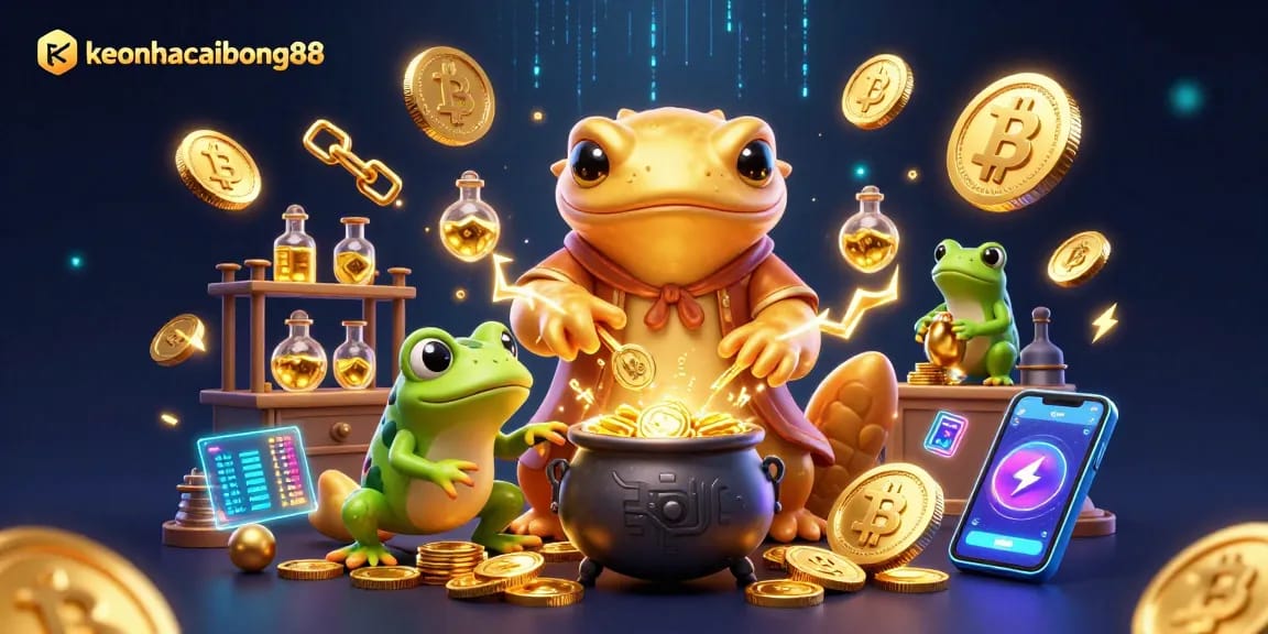 Engage with keonhacaibong88 as a golden salamander alchemist converts metals into coins surrounded by vibrant crypto elements.