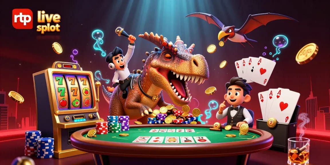 Experience thrilling rtp live slot action as dinosaurs collide with jackpot glory in this vibrant casino scene.