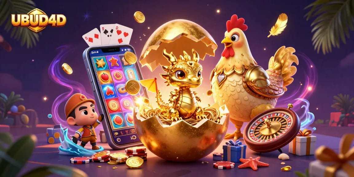 Win big exploring UBUD4D's online gaming world, featuring a golden dragon and casino treasures.