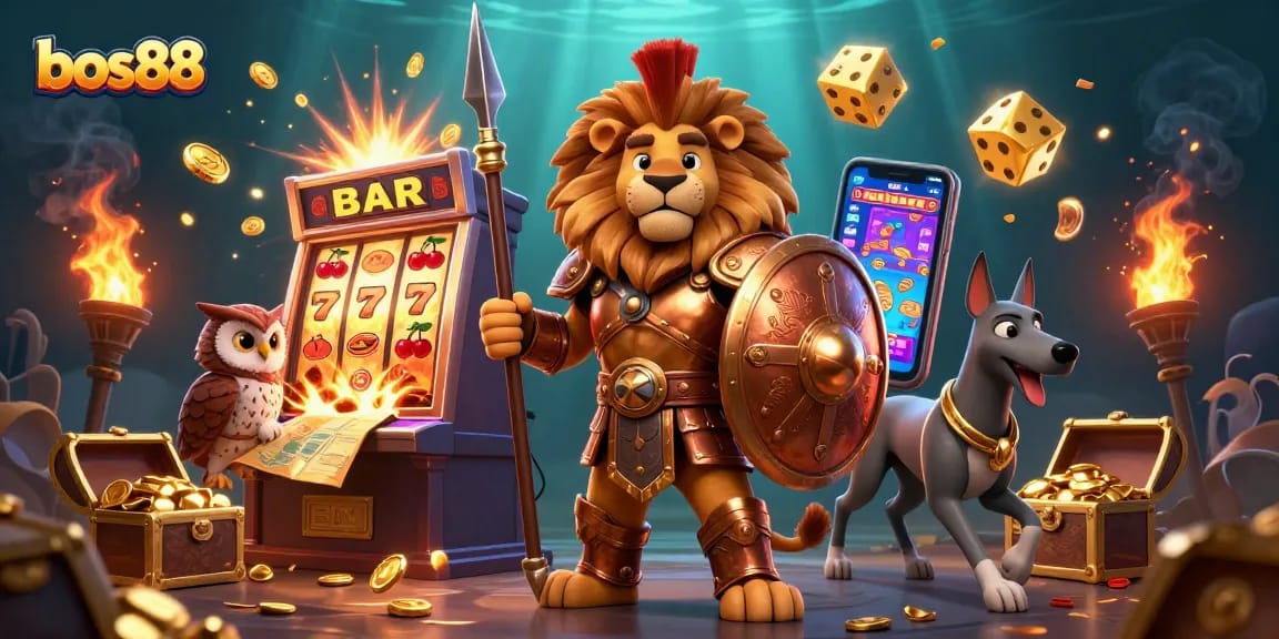 Experience excitement with bos88's vibrant casino scene featuring a 3D Spartan lion, owl strategist, and greyhound messenger.
