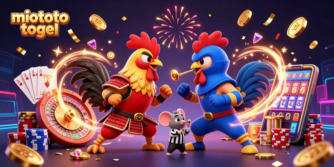 Engage with miototo togel as roosters clash in a vibrant 3D casino showdown featuring dynamic game elements.