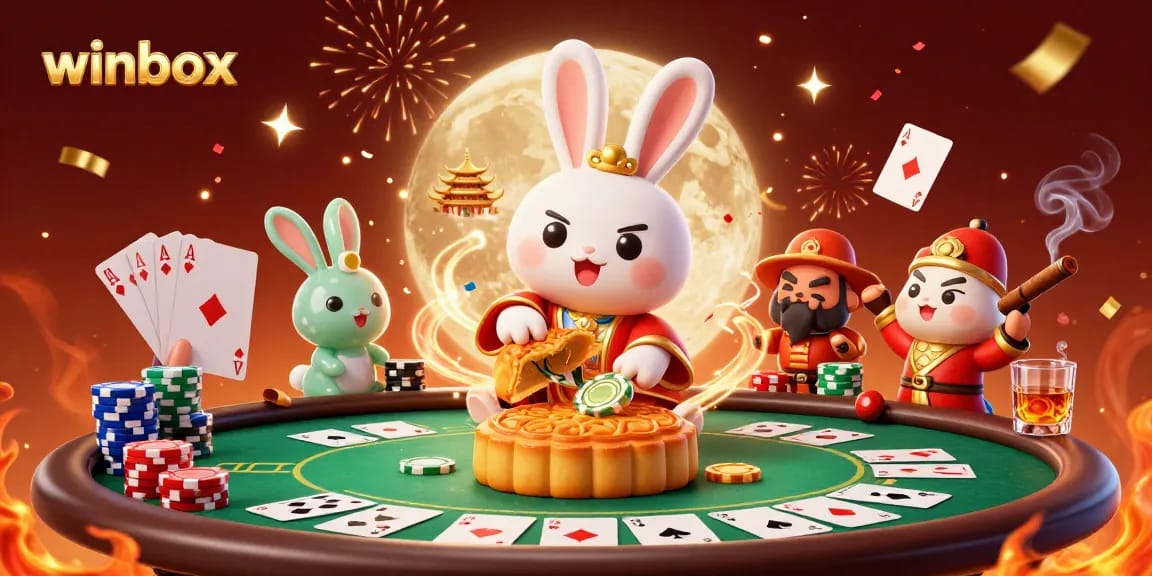Enjoy playing winbox games with the moon rabbit and jade rabbit amidst a festive poker scene.