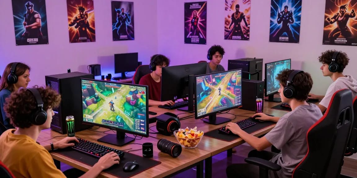 Dynamic gaming scene with players focused on 68gamebai, showcasing excitement and engagement in a vibrant environment.