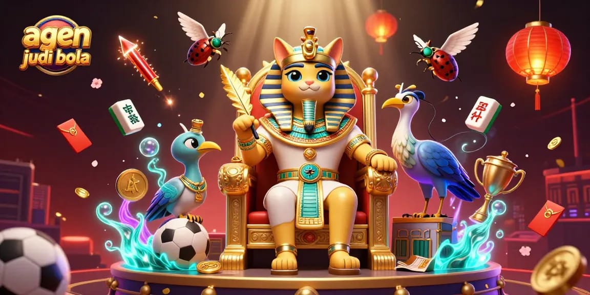 Engage in thrilling action with agen judi bola showcasing a pharaoh cat on a throne surrounded by sports-themed elements.