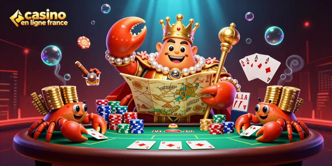 Plongez dans l'univers des jeux avec ce crabe empereur dans un casino en ligne France, entouré de jetons et de cartes.