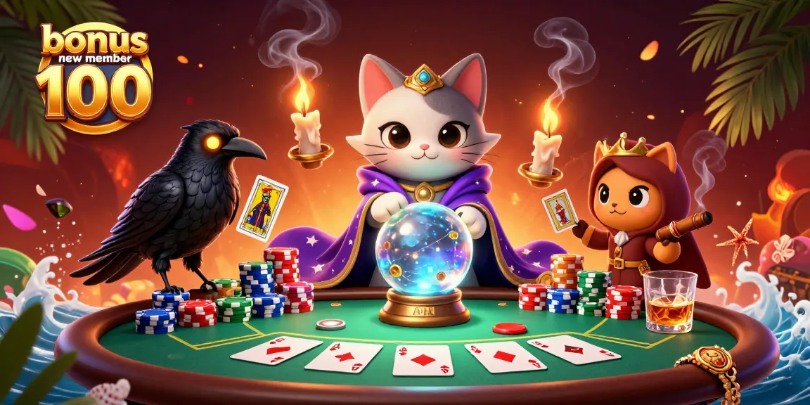 Engage with the bonus new member 100 promotional scene featuring a mystical cat and raven at a vibrant poker table.