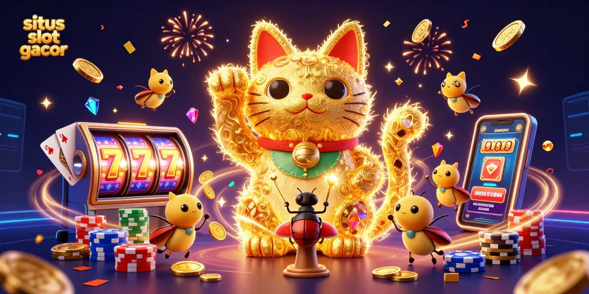 Experience situs slot gacor with vibrant casino elements and a waving lucky cat illustration.