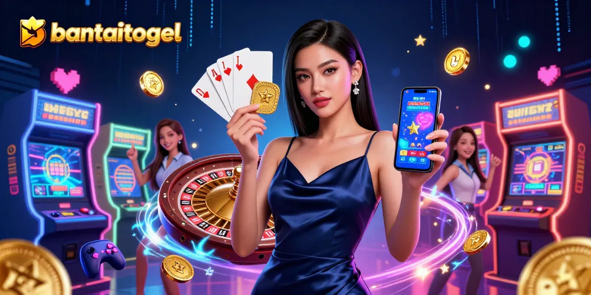 Experience thrilling gaming action with bantaitogel, featuring a confident woman amidst vibrant casino elements.