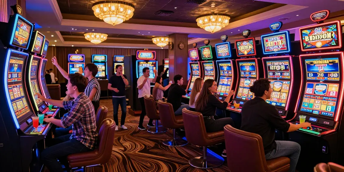 Exciting rokok88 slot login scene at a bustling casino with vibrant lights.