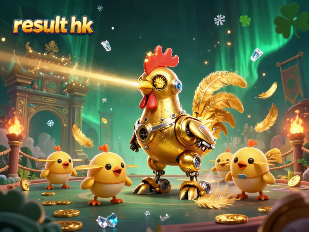 Hasil result hk terbaru dengan ilustrasi robot ayam emas futuristik dalam arena pertarungan.
