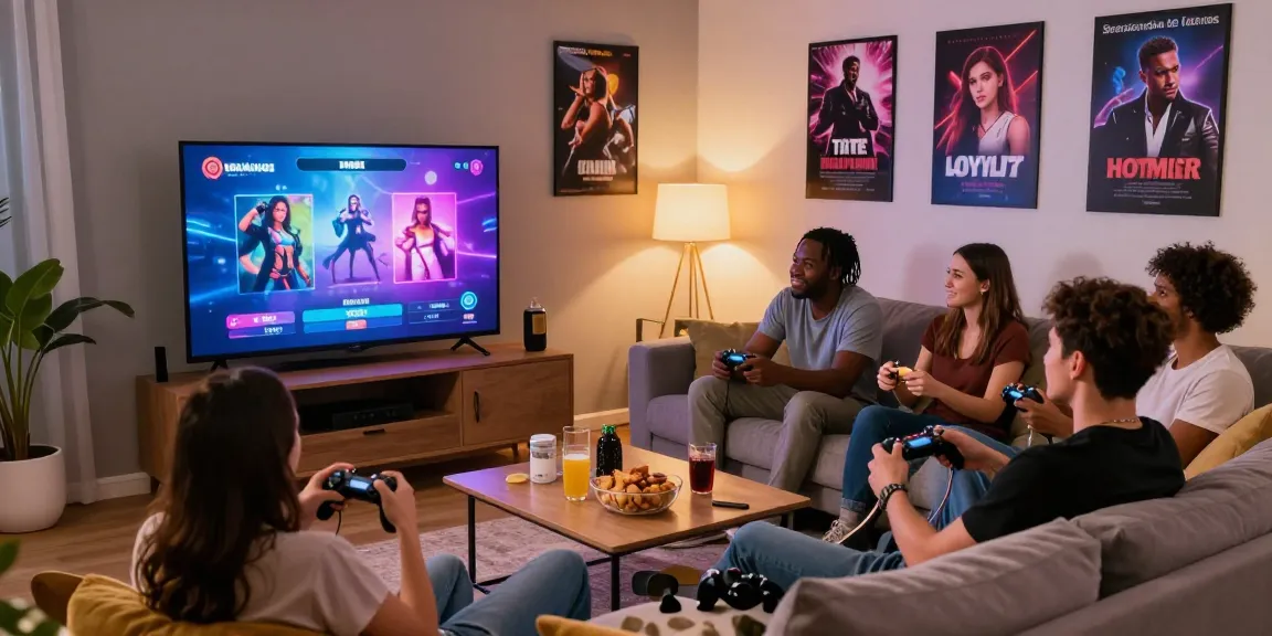 Group playing porngames in cozy living room with snacks and controllers.