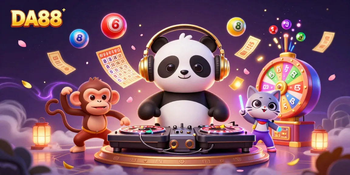 Experience DA88's vibrant gaming world with DJ panda and lively characters celebrating in a dynamic casino atmosphere.