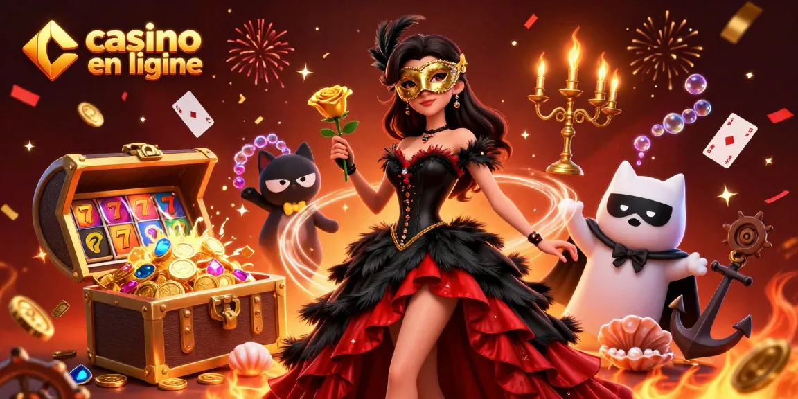 Engage in thrilling gameplay at casino en ligne with vibrant 3D illustration of a masked woman and floating treasure.