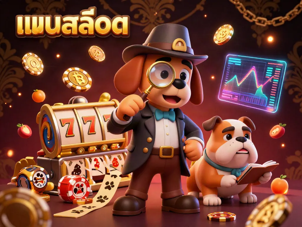 Engage with the virtual world of แบบสล็อต where a detective duo explores exciting casino games, surrounded by vibrant elements and clues.