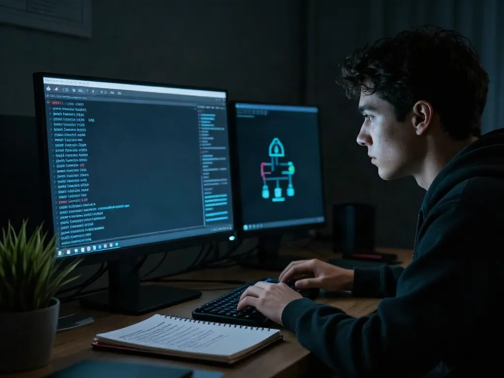 Cautious exploration of the hidden wiki showing a person viewing .onion links on screen while taking cybersecurity notes.