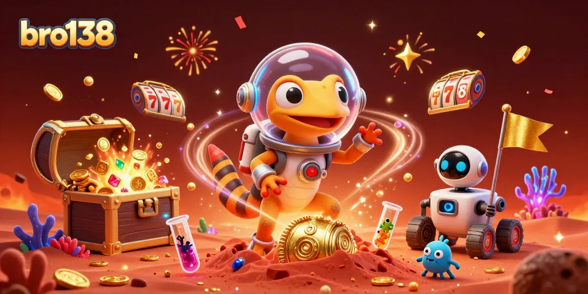 Engage in exciting gaming at bro138 with the Martian gecko at a golden casino, celebrating wins.