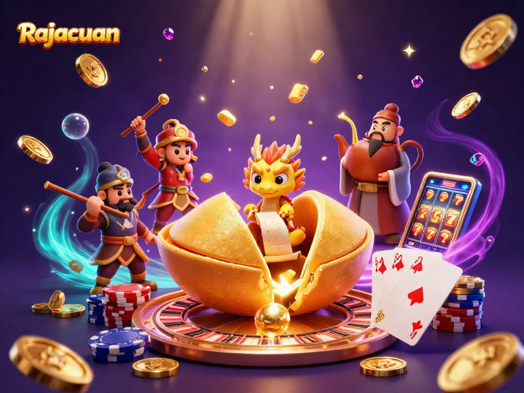 Rajacuan showcases fortune cookie dragon in an enchanting casino setting filled with golden treasures.